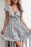 Casual Elegant Floral Flounce Strap Design V Neck Dresses