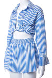 Fashion Casual Striped Split Joint Turndown Collar Long Sleeve Two Pieces