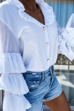 Casual Solid Buckle Flounce Lotus Leaf Collar Tops