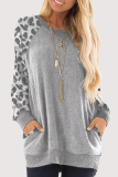 Casual Leopard Split Joint Pocket O Neck Tops
