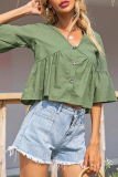Fashion Sweet Solid Buckle Flounce V Neck Tops