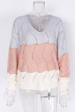 Casual Patchwork Hollowed Out Contrast V Neck Tops Sweater