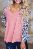 Fashion Casual Leopard Split Joint V Neck T-Shirts