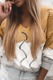 Casual Patchwork Hollowed Out Contrast V Neck Tops Sweater