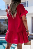 Fashion Sweet Solid Tassel Split Joint Flounce V Neck A Line Dresses