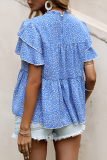 Fashion Elegant Print Split Joint Flounce O Neck Tops