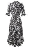 Fashion Elegant Floral Frenulum Flounce Slit V Neck A Line Dresses