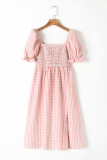 Elegant Plaid High Opening Fold Square Collar A Line Dresses