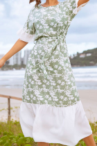 Elegant Floral Split Joint With Belt O Neck A Line Dresses