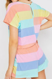 Fashion Casual Striped Split Joint O Neck Short Sleeve Two Pieces