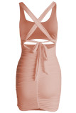 Sexy Solid Backless Cross Straps U Neck Wrapped Skirt Dresses