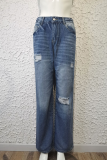 Casual Solid Tassel Ripped Straight Wide Leg Solid Color Bottoms