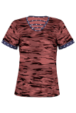 Casual Street Camouflage Print Hollowed Out Split Joint V Neck T-Shirts