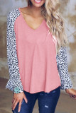 Fashion Casual Leopard Split Joint V Neck T-Shirts