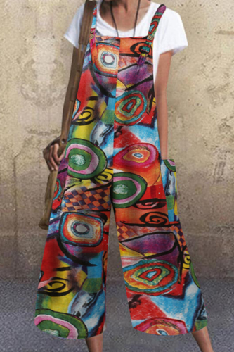 Casual Street Graffiti Pocket Buttons Capris Square Collar Loose Jumpsuits