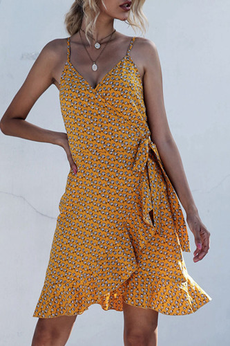 Fashion Sexy Print Split Joint Flounce V Neck Irregular Dresses