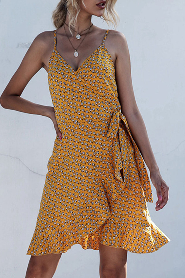 Fashion Sexy Print Split Joint Flounce V Neck Irregular Dresses