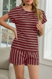 Fashion Casual Striped Split Joint O Neck Short Sleeve Two Pieces