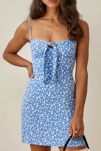 Sweet Floral Split Joint Strap Design Strapless Dresses