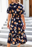 Casual Elegant Floral Buckle Flounce V Neck A Line Dresses