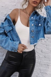 Fashion Street Solid Turndown Collar Long Sleeve Denim