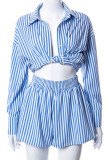 Fashion Casual Striped Split Joint Turndown Collar Long Sleeve Two Pieces