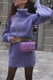 Fashion Casual Solid Split Joint Turtleneck Long Sleeve Dress Dresses