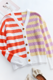Casual Striped Buckle V Neck Tops Sweater