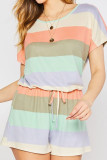 Fashion Casual Striped Split Joint O Neck Short Sleeve Two Pieces