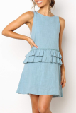 Casual Solid Backless Flounce O Neck A Line Dresses