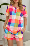 Fashion Casual Plaid Split Joint O Neck Short Sleeve Two Pieces