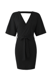 Fashion Elegant Solid Split Joint With Belt V Neck Wrapped Skirt Dresses