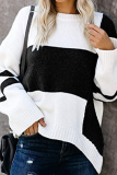 Casual Patchwork Contrast O Neck Tops Sweater