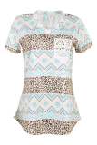 Casual Street Print Leopard Pocket V Neck T-Shirts