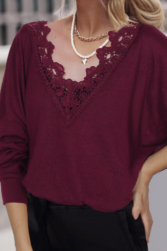 Casual Solid Lace Split Joint V Neck Tops