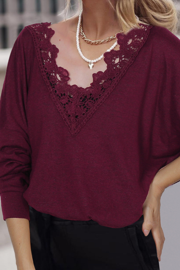 Casual Solid Lace Split Joint V Neck Tops