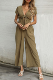 Fashion Elegant Solid Capris Knotted V Neck Straight Jumpsuits
