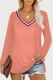 Casual Patchwork Slit Basic V Neck Tops