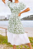 Elegant Floral Split Joint With Belt O Neck A Line Dresses