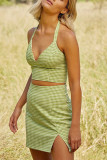 Fashion Sexy Plaid Split Joint V Neck Sleeveless Two Pieces