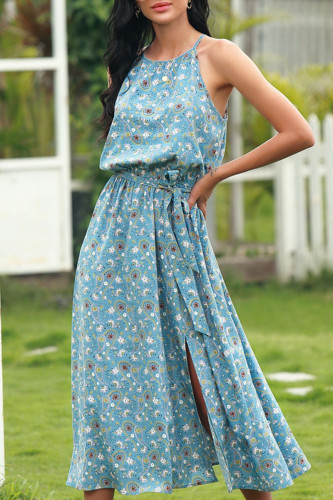 Fashion Elegant Print Slit Halter A Line Dresses