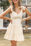 Sweet Solid Fold With Bow Stringy Selvedge V Neck Cake Skirt Dresses