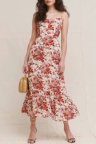 Fashion Street Print Split Joint Spaghetti Strap A Line Dresses