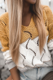 Casual Patchwork Hollowed Out Contrast V Neck Tops Sweater