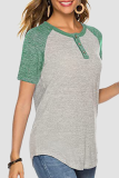 Casual Patchwork Buckle Contrast O Neck T-Shirts