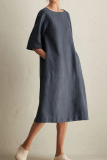 Casual Solid Split Joint Pocket O Neck A Line Dresses