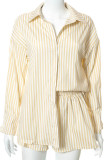 Fashion Casual Striped Split Joint Turndown Collar Long Sleeve Two Pieces