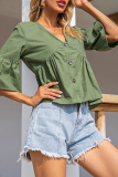 Fashion Sweet Solid Buckle Flounce V Neck Tops