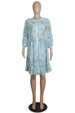 Fashion Elegant Floral Buckle Flounce O Neck A Line Dresses