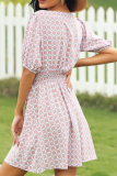 Sweet Print Buckle V Neck Dresses